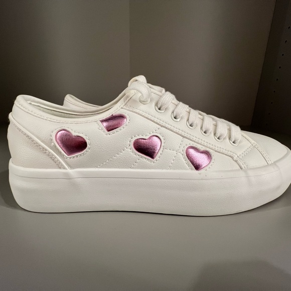 Sincerly Jules Shoes - Sincerely Jules White Sneakers with Pink Heart Details